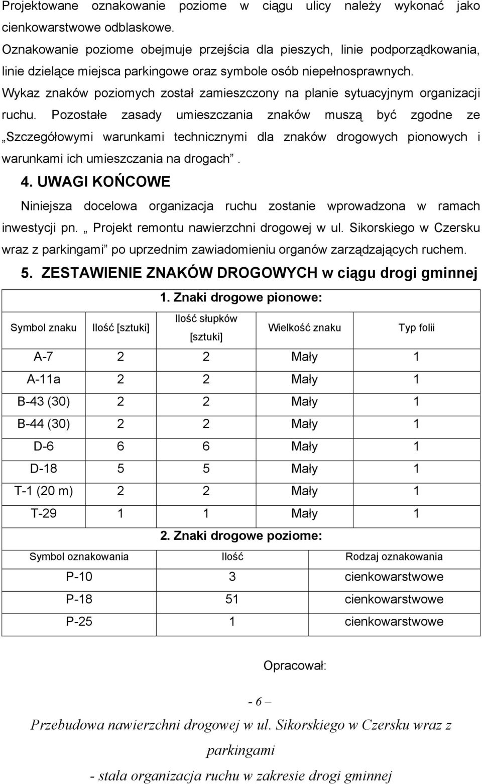 Wykaz znaków poziomych został zamieszczony na planie sytuacyjnym organizacji ruchu.