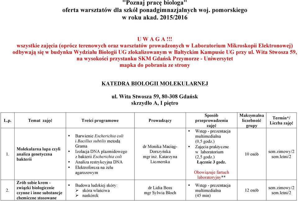 Wita Stwosza 59, na wysokości przystanku SKM Gdańsk Przymorze - Uniwersytet mapka do pobrania ze strony KATEDRA BIOLOGII MOLEKULARNEJ skrzydło A, I piętro L.p. Temat Treści programowe Prowadzący 2.