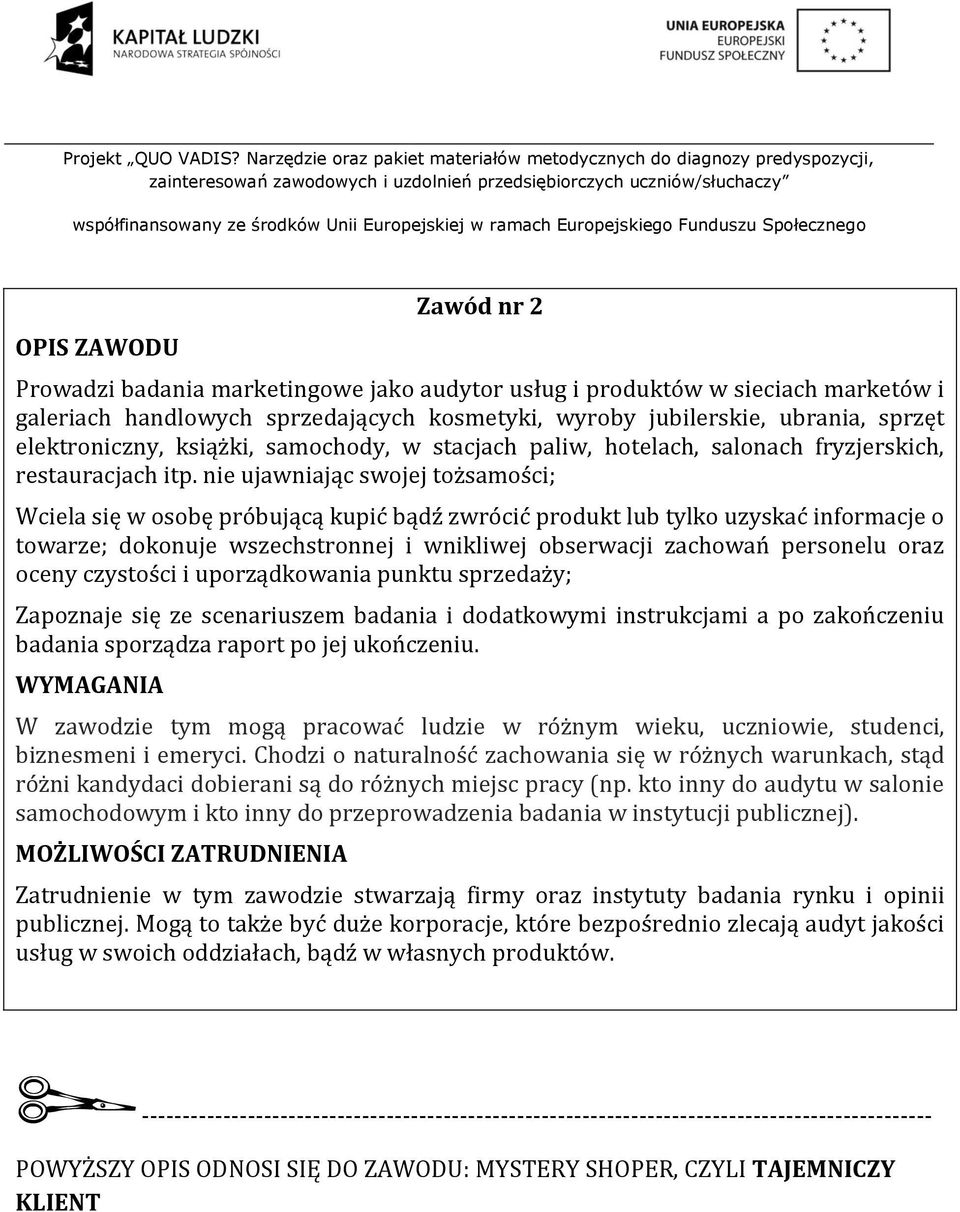 nie ujawniając swojej tożsamości; Wciela się w osobę próbującą kupić bądź zwrócić produkt lub tylko uzyskać informacje o towarze; dokonuje wszechstronnej i wnikliwej obserwacji zachowań personelu