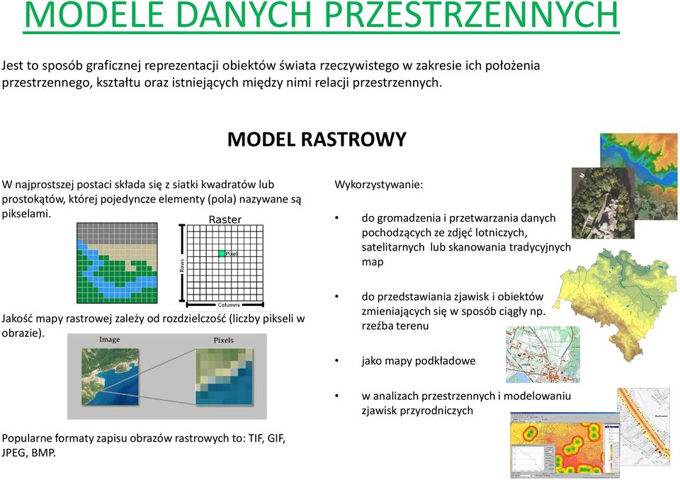 Wykorzystywanie: do gromadzenia i przetwarzania danych pochodzących ze zdjęć lotniczych, satelitarnych lub skanowania tradycyjnych map Jakość mapy rastrowej zależy od rozdzielczość (liczby pikseli w