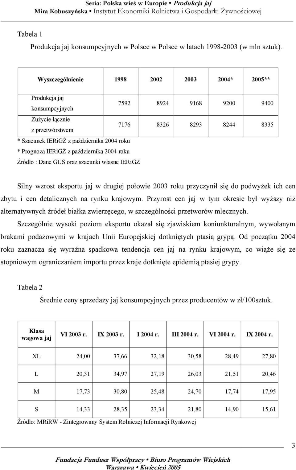 Prognoza IERiGŻ z października 2004 roku Źródło : Dane GUS oraz szacunki własne IERiGŻ Silny wzrost eksportu jaj w drugiej połowie 2003 roku przyczynił się do podwyżek ich cen zbytu i cen