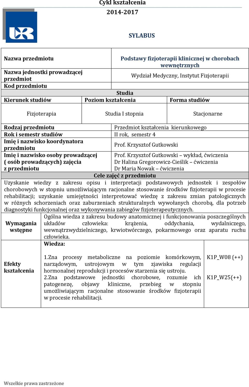 koordynatora Prof. Krzysztof Gutkowski przedmiotu Imię i nazwisko osoby prowadzącej ( osób prowadzących) zajęcia z przedmiotu Prof.