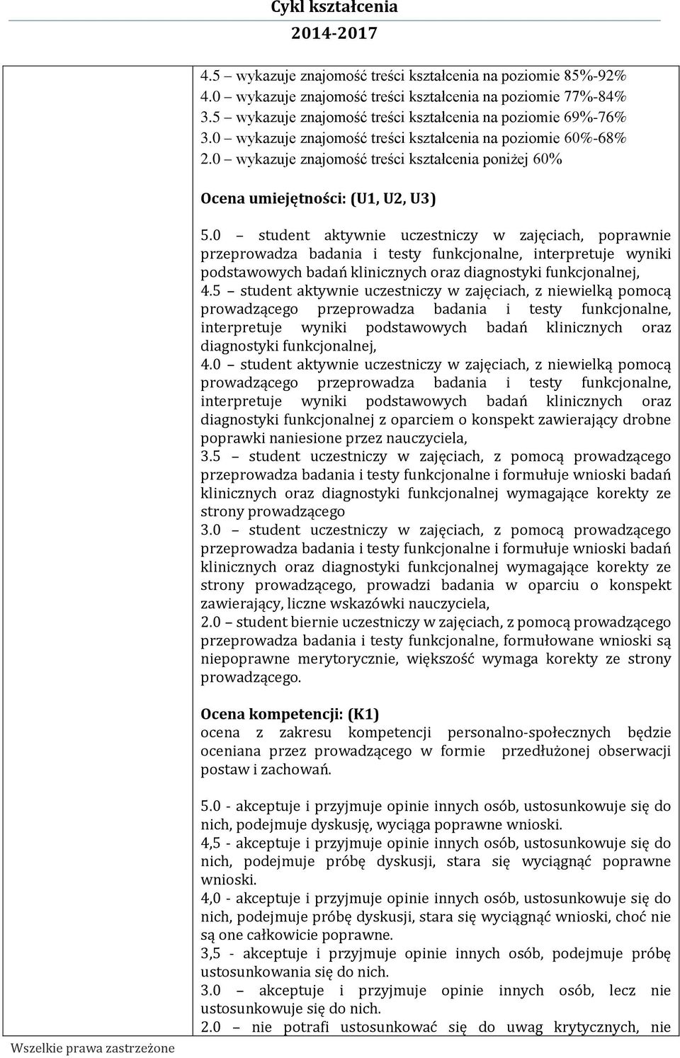 0 student aktywnie uczestniczy w zajęciach, poprawnie przeprowadza badania i testy funkcjonalne, interpretuje wyniki podstawowych badań klinicznych oraz diagnostyki funkcjonalnej,.