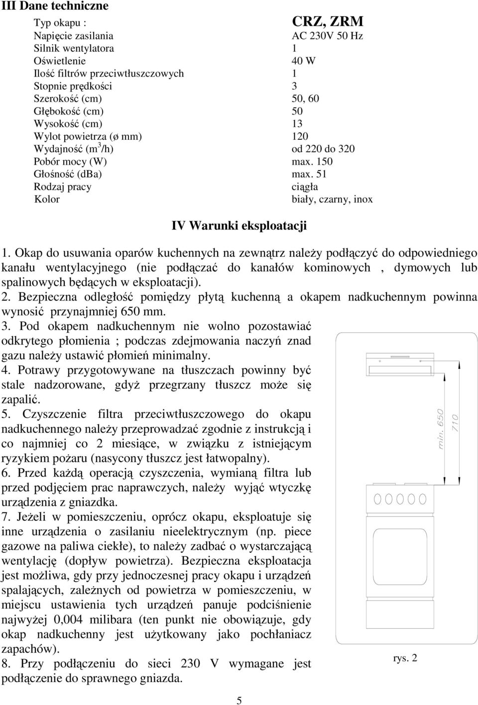 51 Rodzaj pracy ciągła Kolor biały, czarny, inox IV Warunki eksploatacji 5 CRZ, ZRM 1.