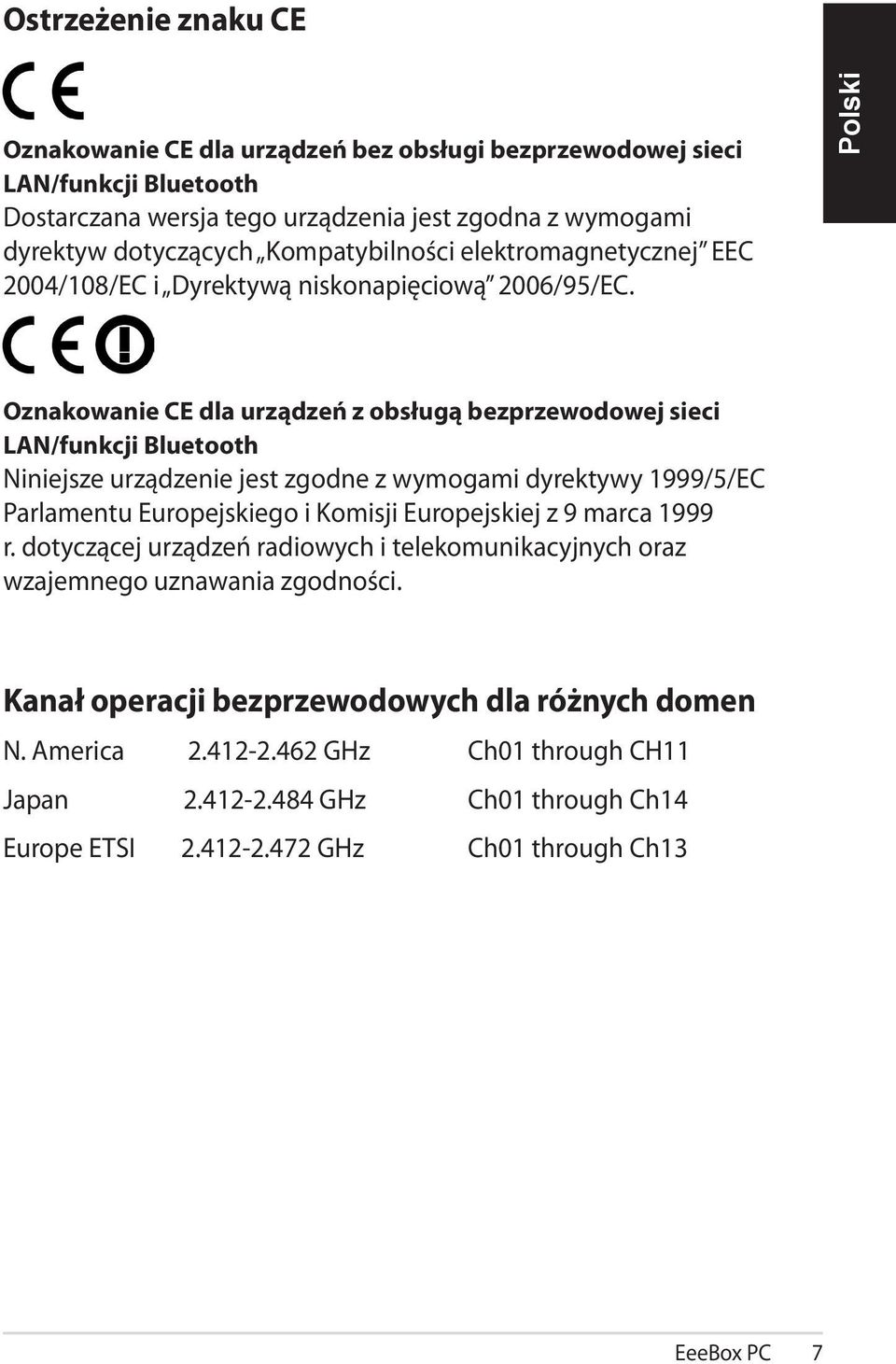 Oznakowanie CE dla urządzeń z obsługą bezprzewodowej sieci LAN/funkcji Bluetooth Niniejsze urządzenie jest zgodne z wymogami dyrektywy 1999/5/EC Parlamentu Europejskiego i Komisji