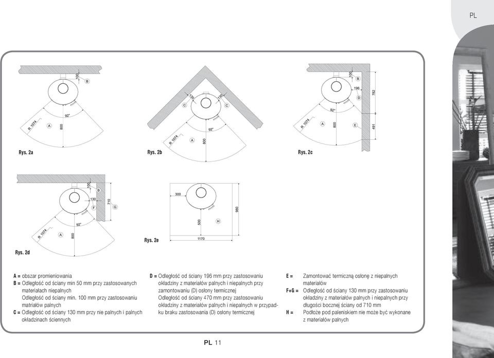 palnych i niepalnych przy zamontowaniu (D) osłony termicznej Odległość od ściany 470 mm przy zastosowaniu okładziny z materiałów palnych i niepalnych w przypadku braku zastosowania (D) osłony