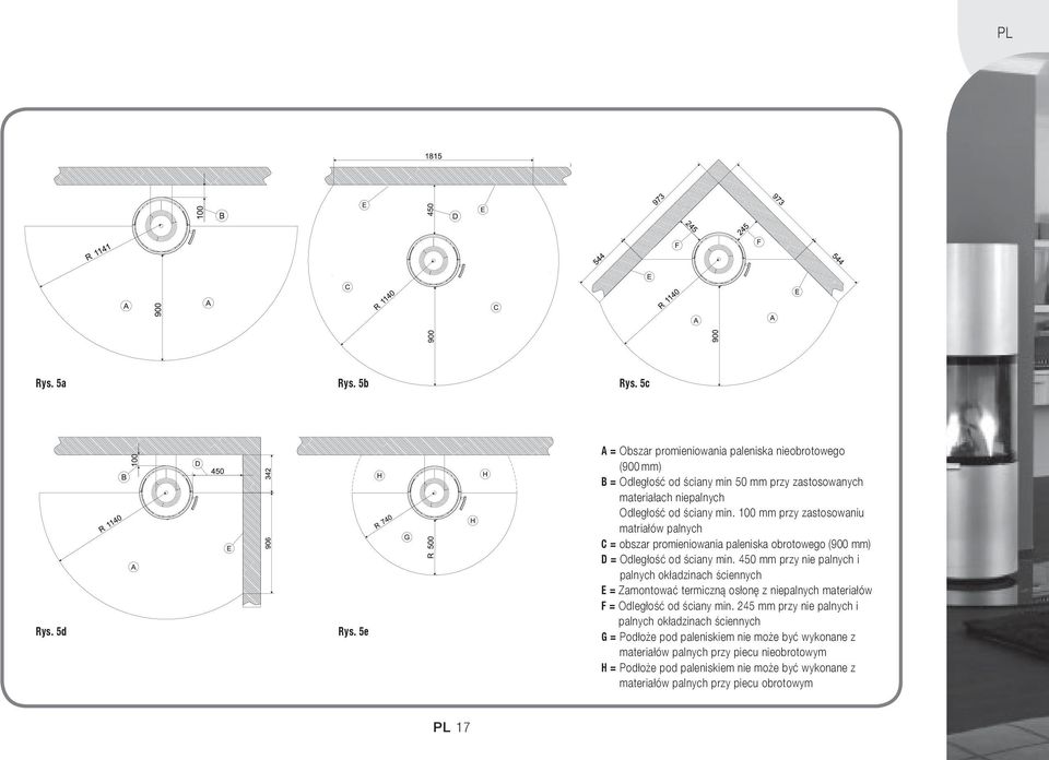 100 mm przy zastosowaniu matriałów palnych C = obszar promieniowania paleniska obrotowego (900 mm) D = Odległość od ściany min.