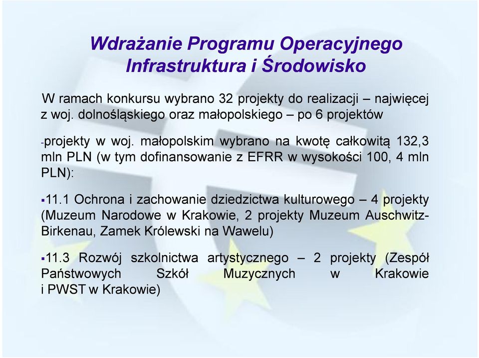 małopolskim wybrano na kwotę całkowitą 132,3 mln PLN (w tym dofinansowanie z EFRR w wysokości 100, 4 mln PLN): 11.