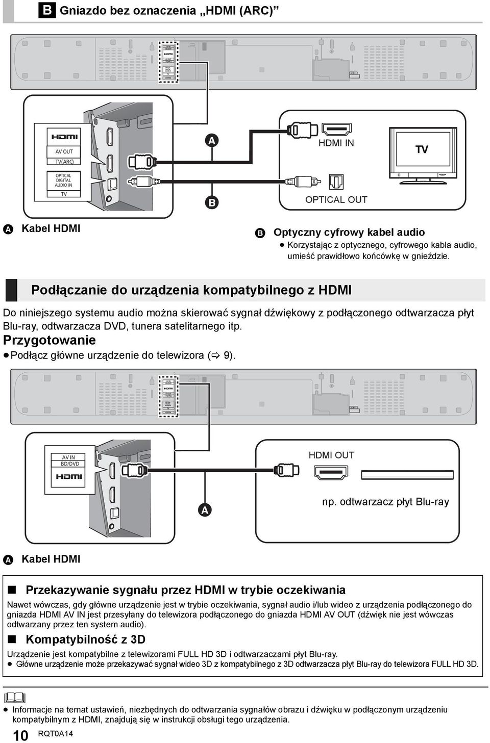 Podłączanie do urządzenia kompatybilnego z HDMI Do niniejszego systemu audio można skierować sygnał dźwiękowy z podłączonego odtwarzacza płyt Blu-ray, odtwarzacza DVD, tunera satelitarnego itp.