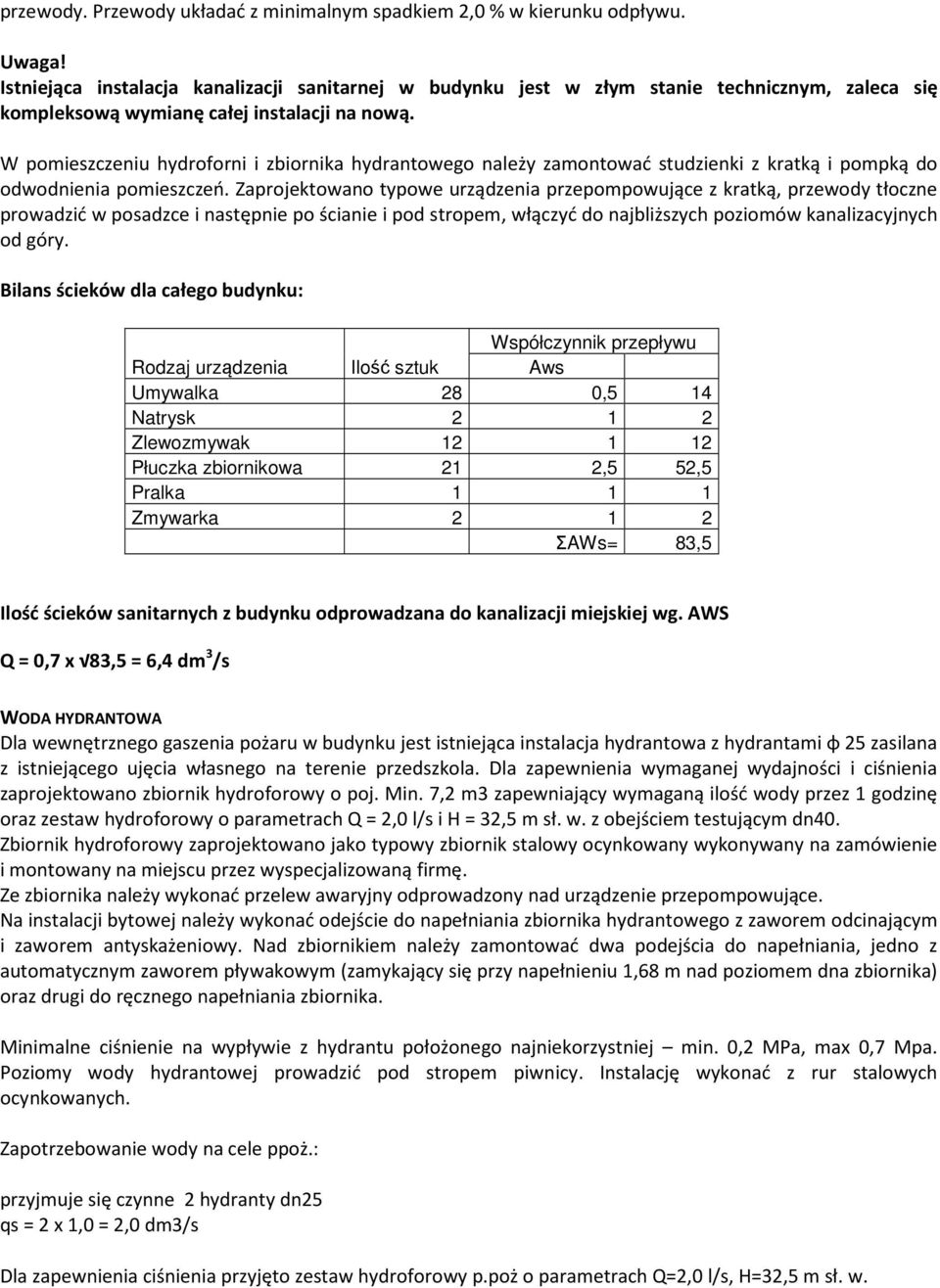 W pomieszczeniu hydroforni i zbiornika hydrantowego należy zamontować studzienki z kratką i pompką do odwodnienia pomieszczeń.