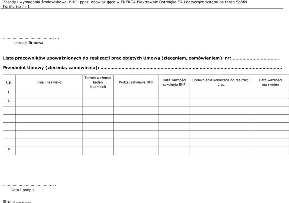 .. pieczęć firmowa Lista pracowników upoważnionych do realizacji prac objętych Umową (zleceniem, zamówieniem) nr:.