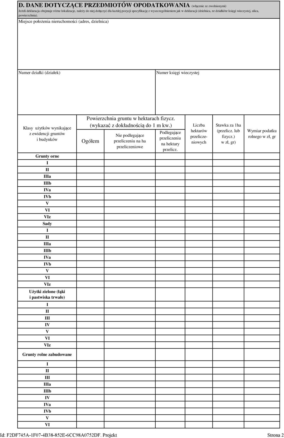 Miejsce położenia nieruchomości (adres, dzielnica) Numer działki (działek) Numer księgi wieczystej Klasy użytków wynikające z ewidencji gruntów i budynków Powierzchnia gruntu w hektarach fizycz.