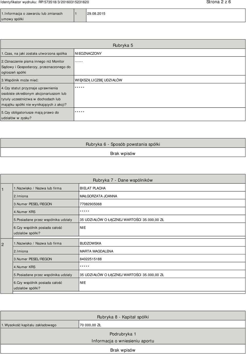 Czy statut przyznaje uprawnienia osobiste określonym akcjonariuszom lub tytuły uczestnictwa w dochodach lub majątku spółki nie wynikających z akcji? 5.