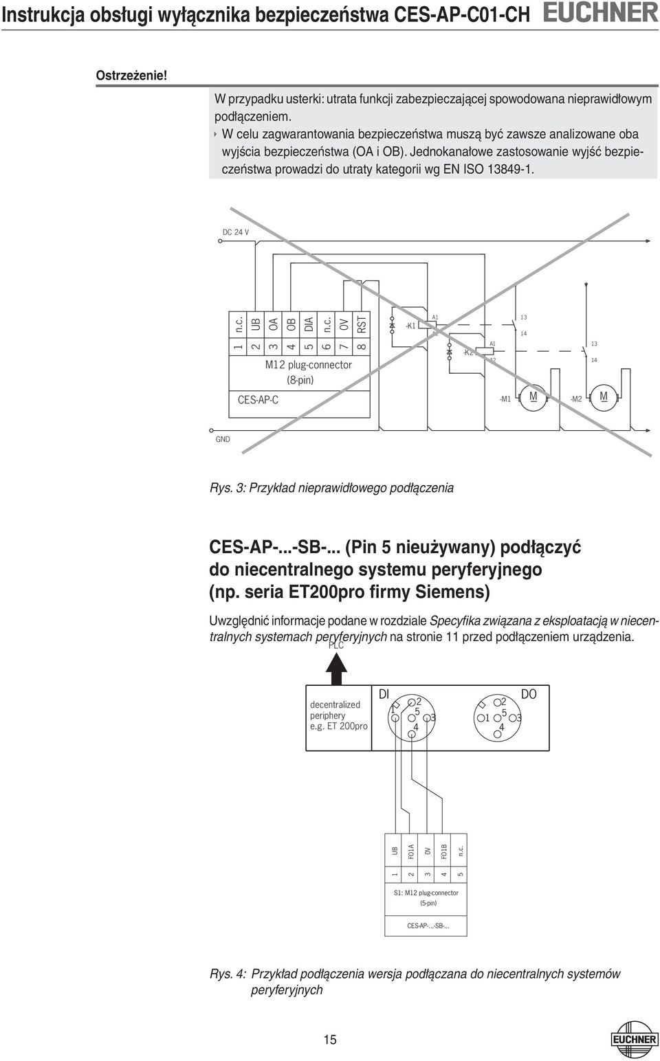 DC 24 V n.c. UB OA OB DIA n.c. 0V RST -K1 A1 A2 13 14 1 2 3 4 6 7 8 M12 plug-connector (8-pin) CES-AP-C -K2 A1 A2 -M1 M -M2 13 14 M GND Rys. 3: Przykład nieprawidłowego podłączenia CES-AP-...-SB-.