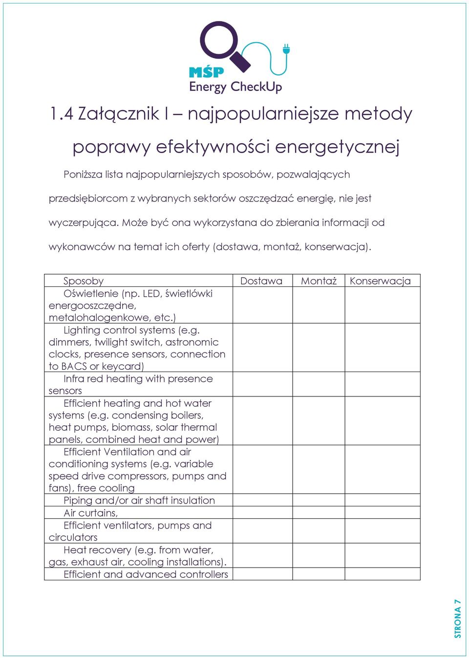 wyczerpująca. Może być ona wykorzystana do zbierania informacji od wykonawców na temat ich oferty (dostawa, montaż, konserwacja). Sposoby Dostawa Montaż Konserwacja Oświetlenie (np.