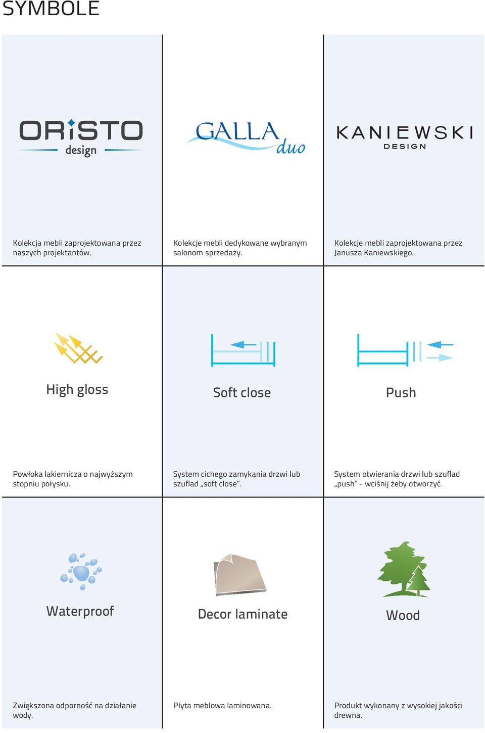 System cichego zamykania drzwi lub szuflad soft close. System otwierania drzwi lub szuflad push - wciśnij żeby otworzyć.