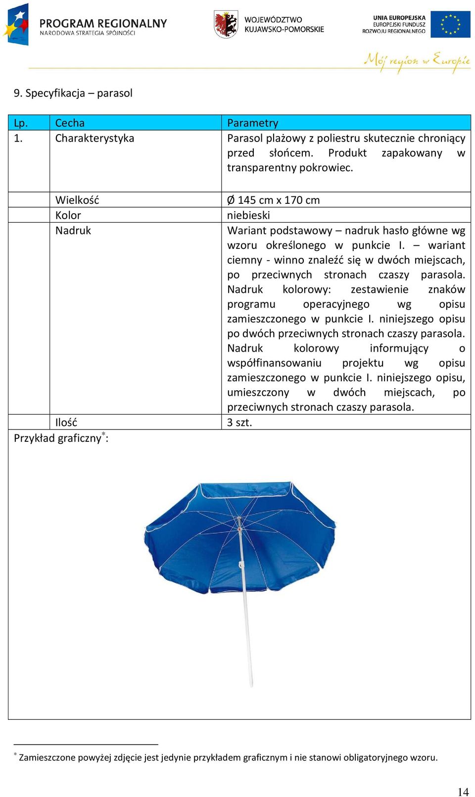 wariant ciemny - winno znaleźć się w dwóch miejscach, po przeciwnych stronach czaszy parasola. Nadruk kolorowy: zestawienie znaków programu operacyjnego wg opisu zamieszczonego w punkcie I.