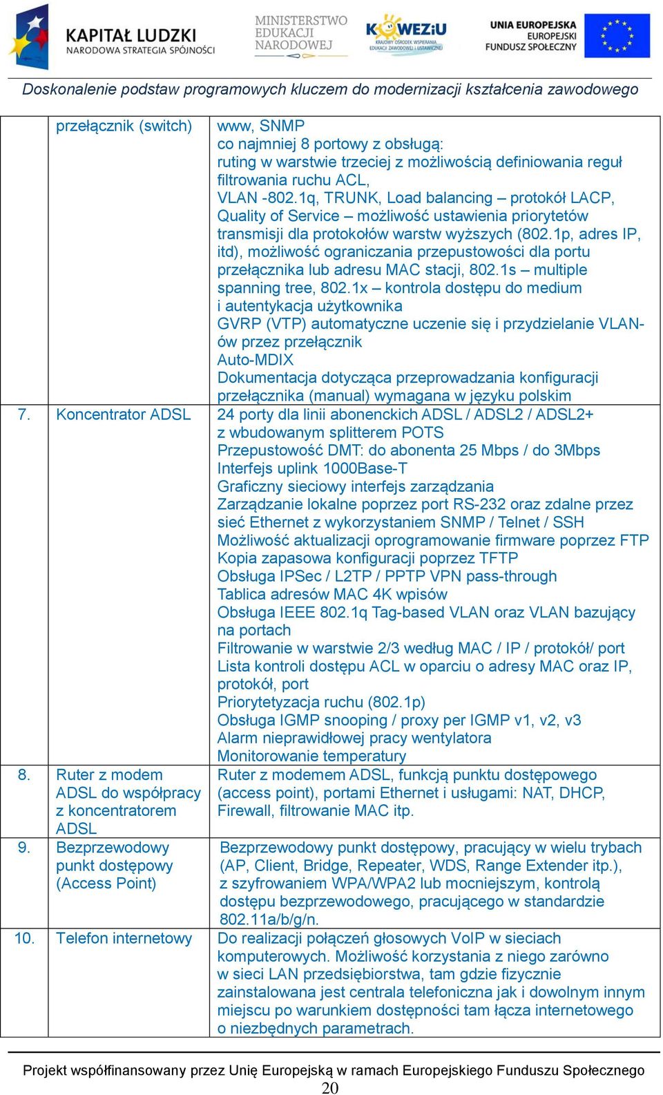 1p, adres IP, itd), możliwość ograniczania przepustowości dla portu przełącznika lub adresu MAC stacji, 802.1s multiple spanning tree, 802.