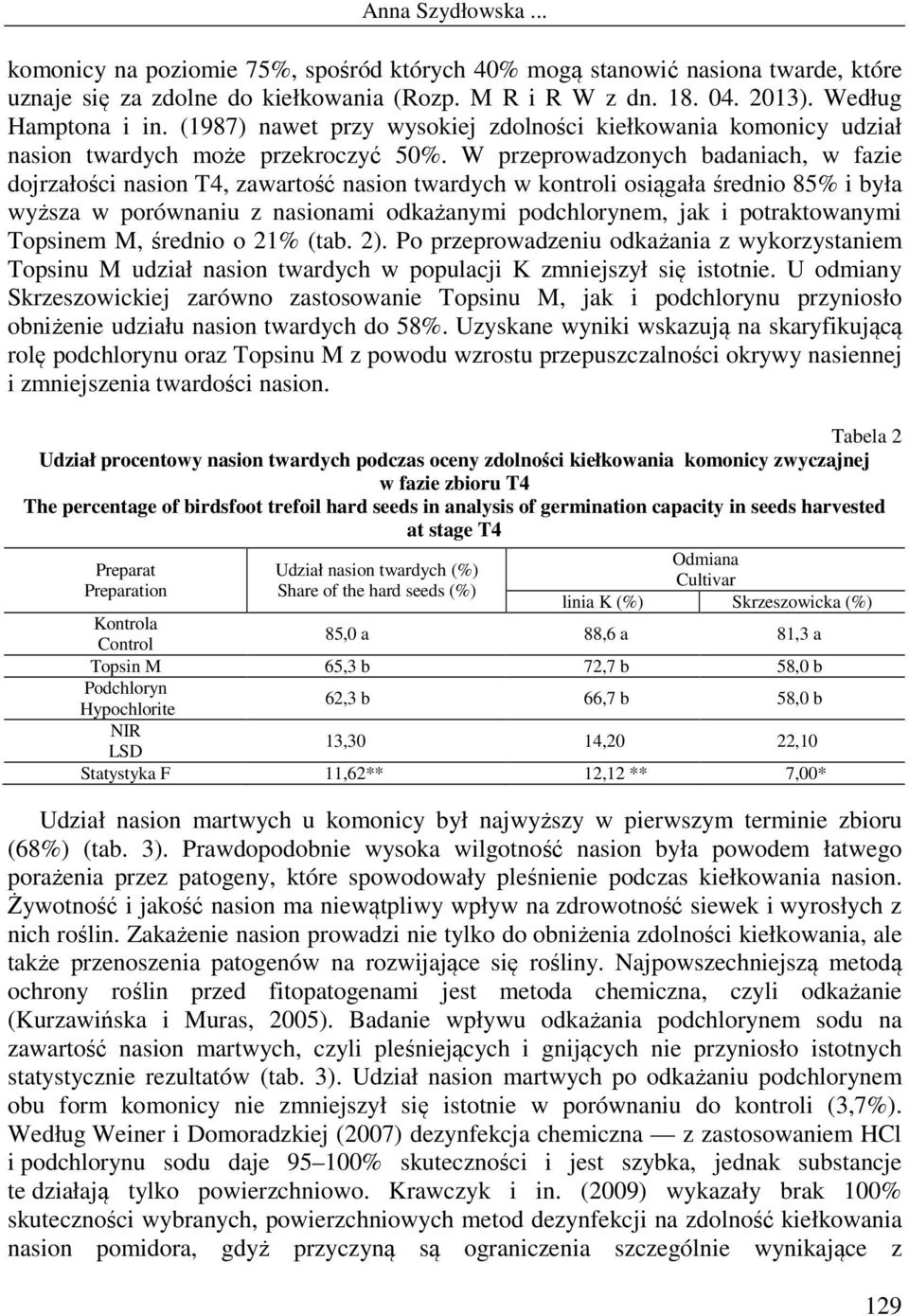 W przeprowadzonych badaniach, w fazie dojrzałości nasion T4, zawartość nasion twardych w kontroli osiągała średnio 85% i była wyższa w porównaniu z nasionami odkażanymi podchlorynem, jak i