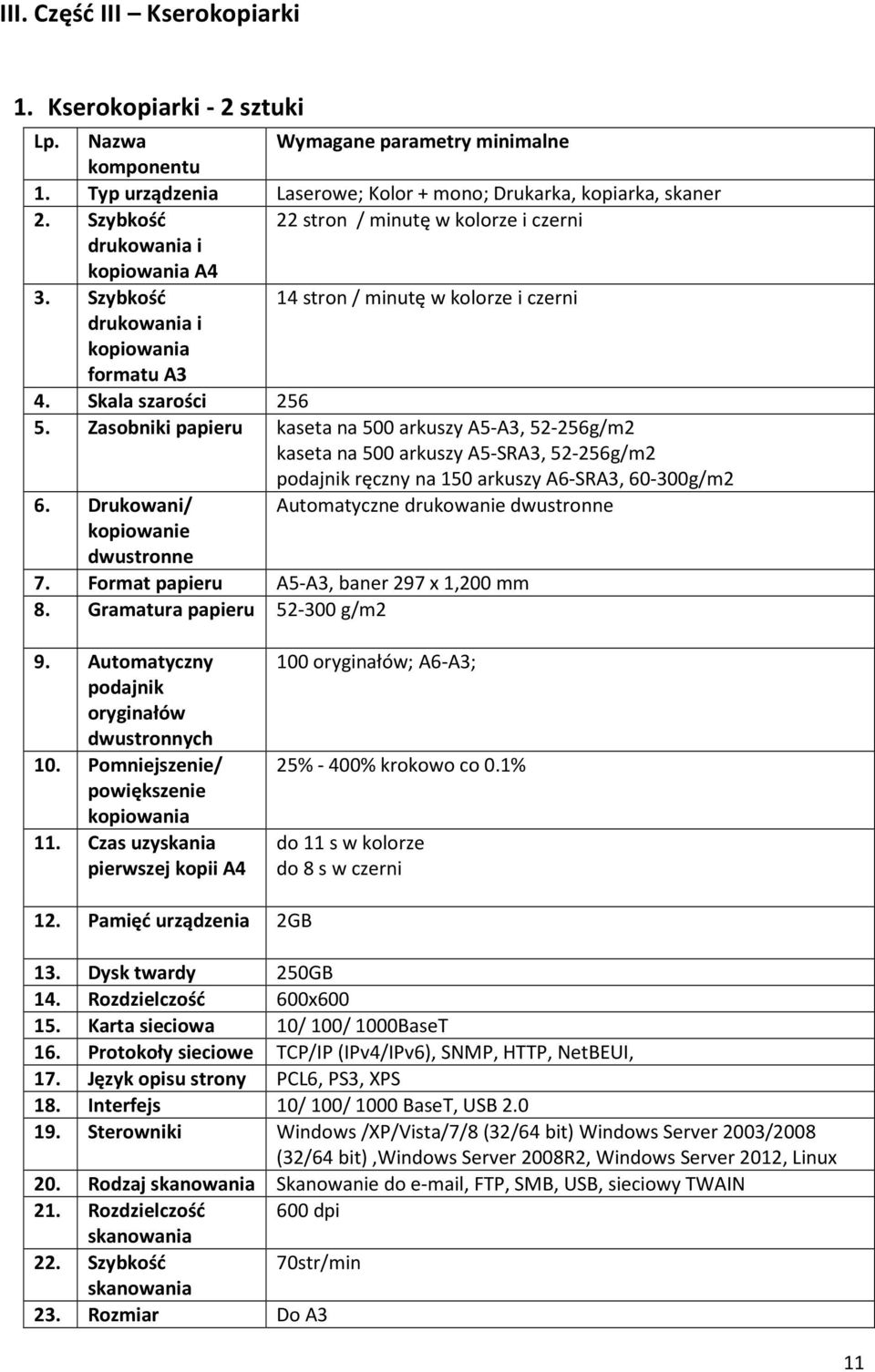 Zasobniki papieru kaseta na 500 arkuszy A5-A3, 52-256g/m2 kaseta na 500 arkuszy A5-SRA3, 52-256g/m2 podajnik ręczny na 150 arkuszy A6-SRA3, 60-300g/m2 6.