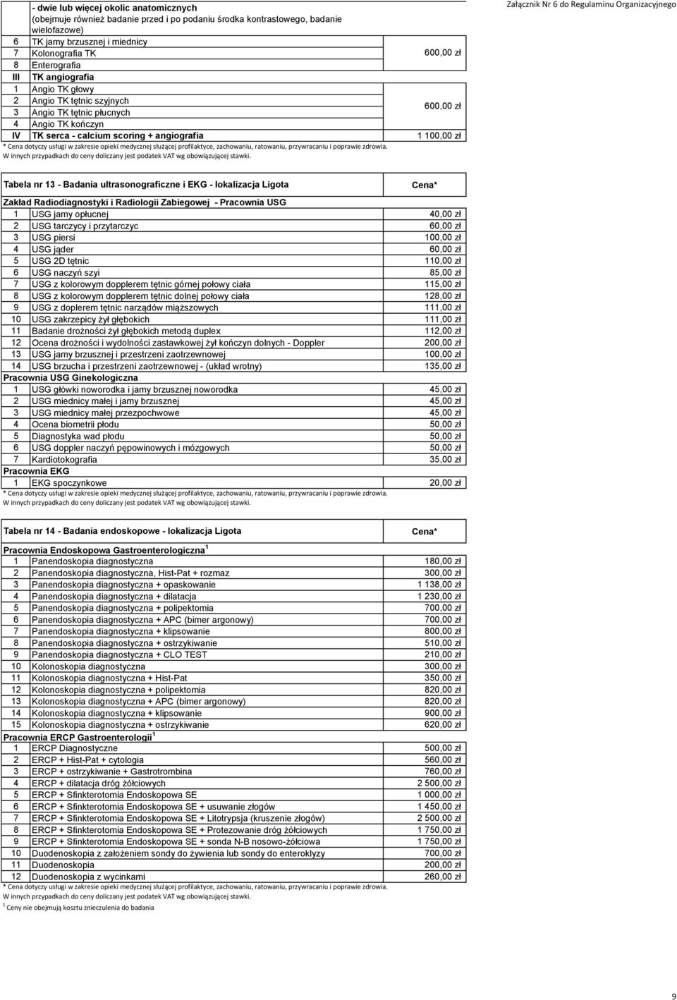 13 - Badania ultrasonograficzne i EKG - lokalizacja Ligota Zakład Radiodiagnostyki i Radiologii Zabiegowej - Pracownia USG 1 USG jamy opłucnej 40,00 zł 2 USG tarczycy i przytarczyc 60,00 zł 3 USG