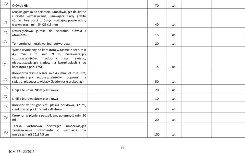 Dwuczęściowa gumka do ścierania ołówka i atramentu 15 szt. Temperówka metalowa, jednootworowa 20 szt. Wkład wymienny do korektora w taśmie o szer. min 