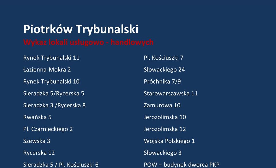 Czarnieckiego 2 Szewska 3 Rycerska 12 Sieradzka 5 / Pl. Kościuszki 6 Pl.