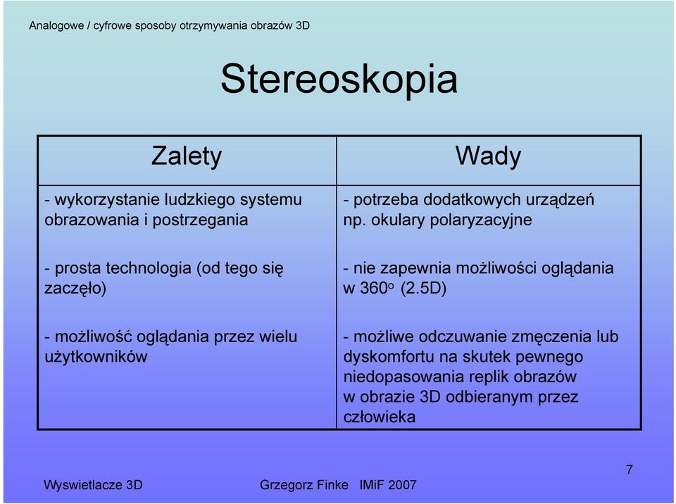 okulary polaryzacyjne - prosta technologia (od tego się zaczęło) - nie zapewnia możliwości oglądania w 360 o (2.