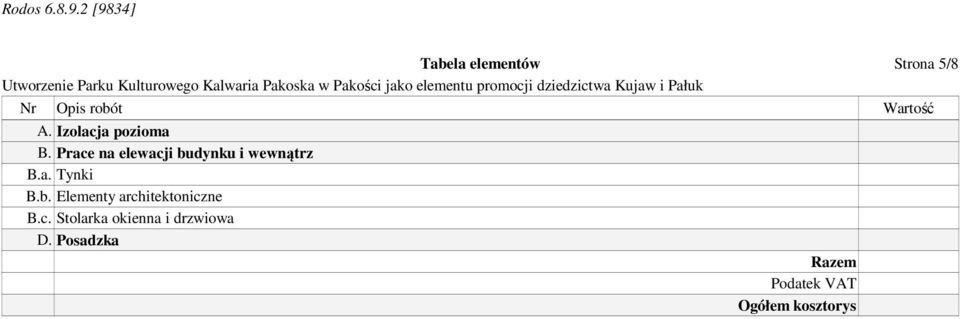 Prace na elewacji budynku i wewnątrz B.a. Tynki B.b. Elementy architektoniczne B.