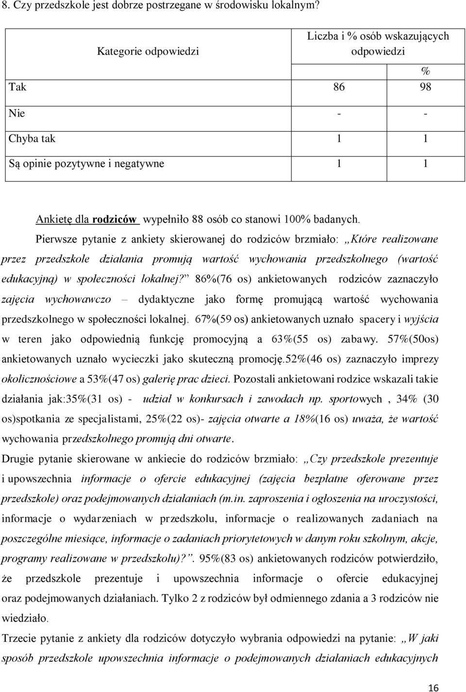 Pierwsze pytanie z ankiety skierowanej do rodziców brzmiało: Które realizowane przez przedszkole działania promują wartość wychowania przedszkolnego (wartość edukacyjną) w społeczności lokalnej?