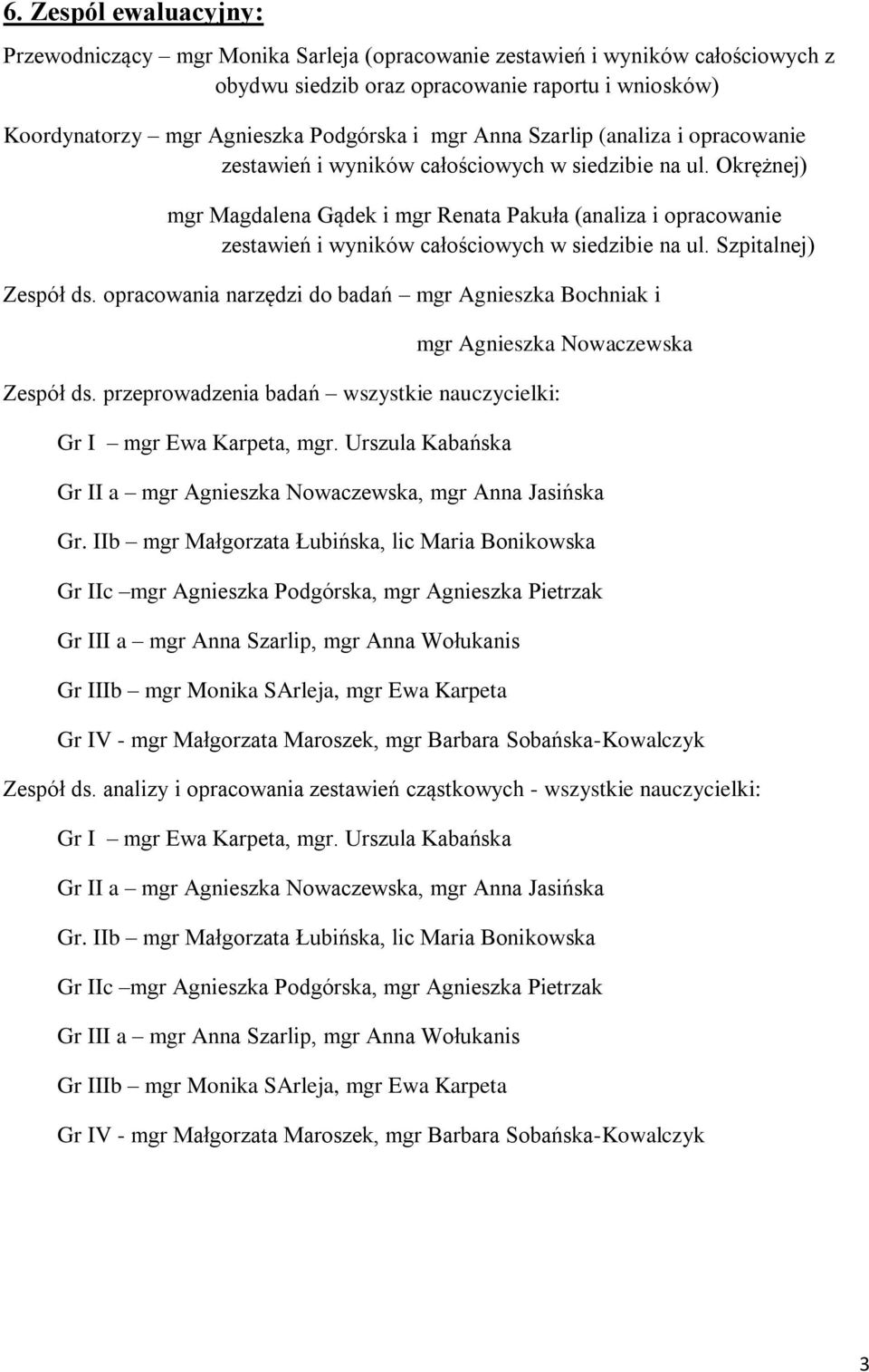 Okrężnej) mgr Magdalena Gądek i mgr Renata Pakuła (analiza i opracowanie zestawień i wyników całościowych w siedzibie na ul. Szpitalnej) Zespół ds.