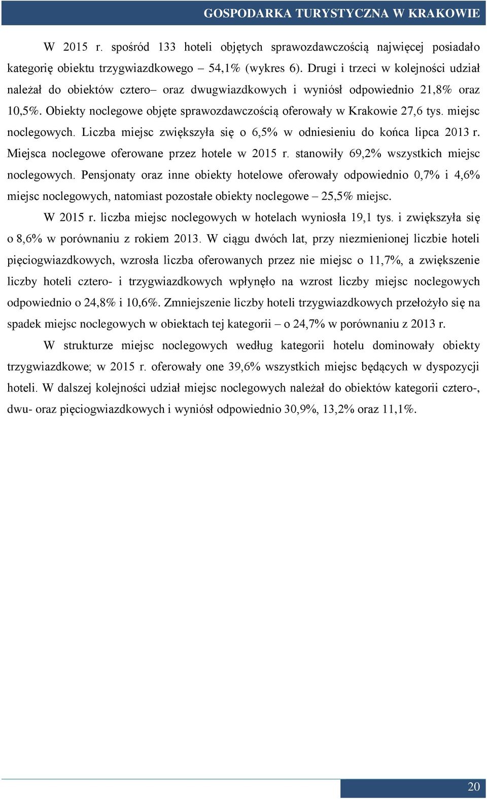 miejsc noclegowych. Liczba miejsc zwiększyła się o 6,5% w odniesieniu do końca lipca 2013 r. Miejsca noclegowe oferowane przez hotele w 2015 r. stanowiły 69,2% wszystkich miejsc noclegowych.