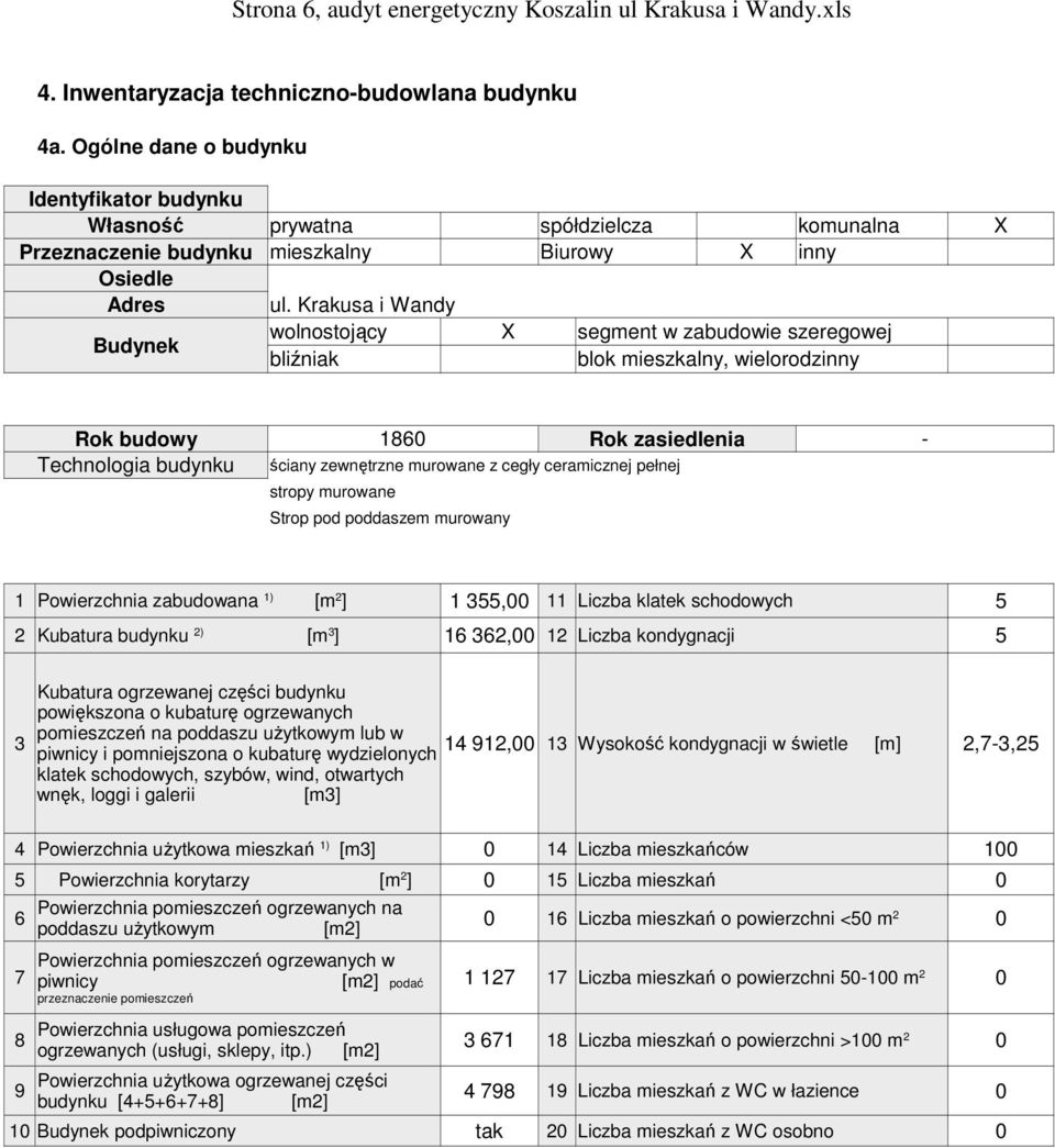 Krakusa i Wandy Budynek wolnostojący X segment w zabudowie szeregowej bliźniak blok mieszkalny, wielorodzinny Rok budowy 1860 Rok zasiedlenia - Technologia budynku ściany zewnętrzne murowane z cegły