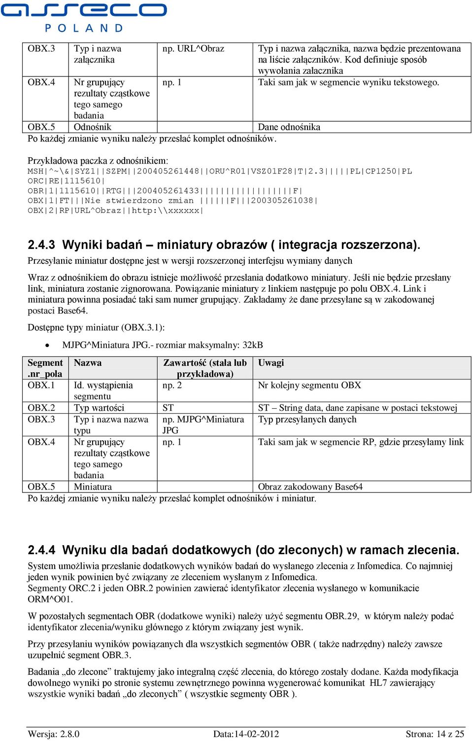 Przykława paczka z odnośnikiem: MSH ^~\& SYZ1 SZPM 200405261448 ORU^R01 VSZ01F28 T 2.