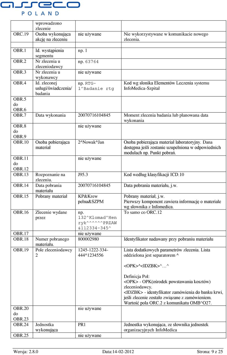 RTG- 1^Badanie rtg Kod wg słonika Elementów Leczenia systemu InfoMedica-Szpital OBR.5 OBR.6 OBR.7 Data wykonania 20070716104845 Moment zlecenia badania lub planowana data wykonania OBR.8 OBR.9 OBR.