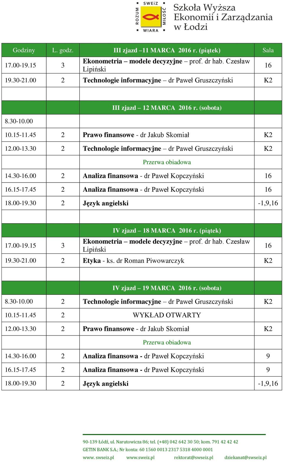 45 2 Analiza finansowa - dr Paweł Kopczyński 18.00-1.30 2 Język angielski -1,, IV zjazd 18 MARCA 20 r. (piątek) 1.30-21.00 2 Etyka - ks. dr Roman Piwowarczyk K2 IV zjazd 1 MARCA 20 r.