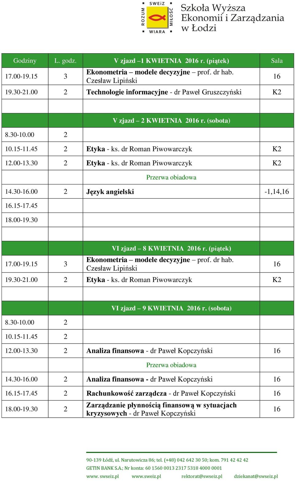 dr Roman Piwowarczyk K2 14.30-.00 2 Język angielski -1,14,.15-17.45 18.00-1.30 VI zjazd 8 KWIETNIA 20 r. (piątek) Ekonometria modele decyzyjne prof. dr hab. Czesław 1.30-21.