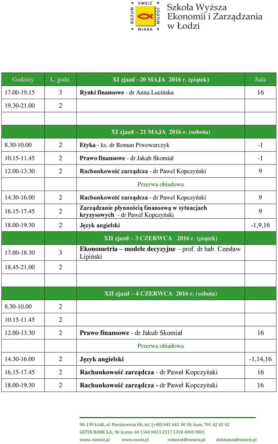 00 2 Rachunkowość zarządcza - dr Paweł Kopczyński.15-17.45 2 18.00-1.30 2 Język angielski -1,, 17.00-18.30 3 18.45-21.00 2 XII zjazd 3 CZERWCA 20 r.