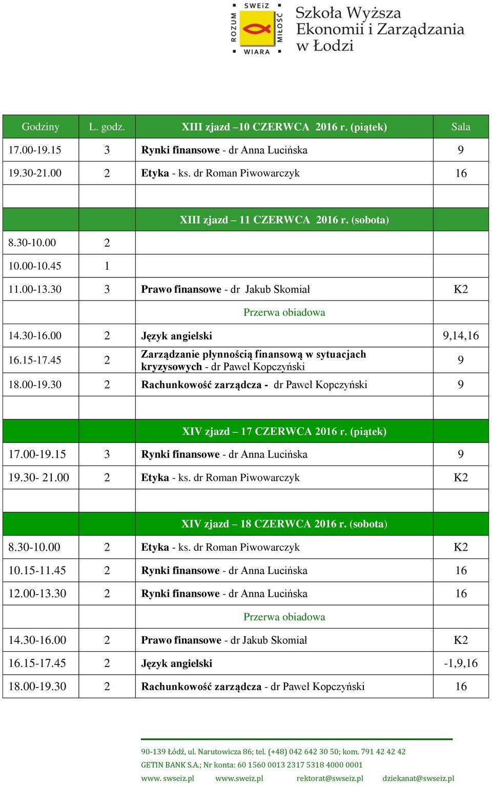 (piątek) Rynki finansowe - dr Anna Lucińska 1.30-21.00 2 Etyka - ks. dr Roman Piwowarczyk K2 XIV zjazd 18 CZERWCA 20 r. (sobota) Etyka - ks.