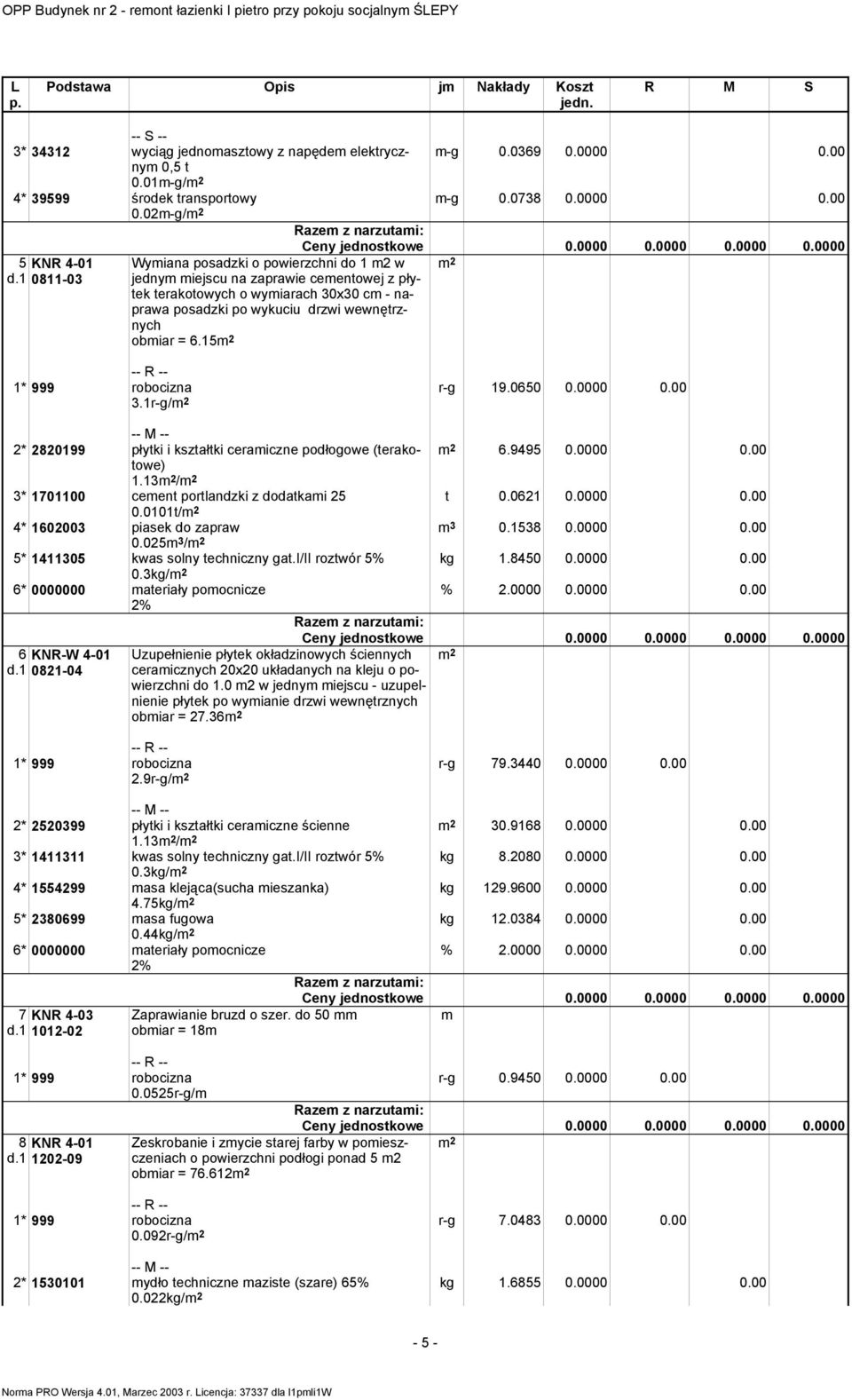 15 3.1r-g/ r-g 19.0650 0.0000 0.00 2* 2820199 płytki i kształtki ceramiczne podłogowe (terakotowe) 6.9495 0.0000 0.00 1.13 / 3* 1701100 cement portlandzki z dodatkami 25 t 0.0621 0.0000 0.00 0.0101t/ 4* 1602003 piasek do zapraw m 3 0.