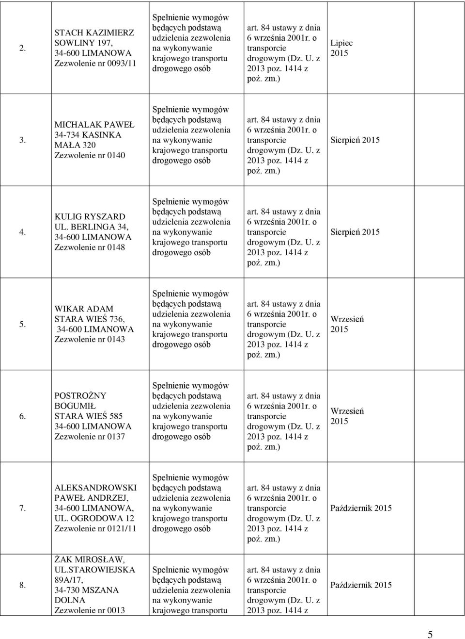 BERLINGA 34, 34-600 LIMANOWA Zezwolenie nr 0148 Sierpień 5. WIKAR ADAM STARA WIEŚ 736, 34-600 LIMANOWA Zezwolenie nr 0143 Wrzesień 6.