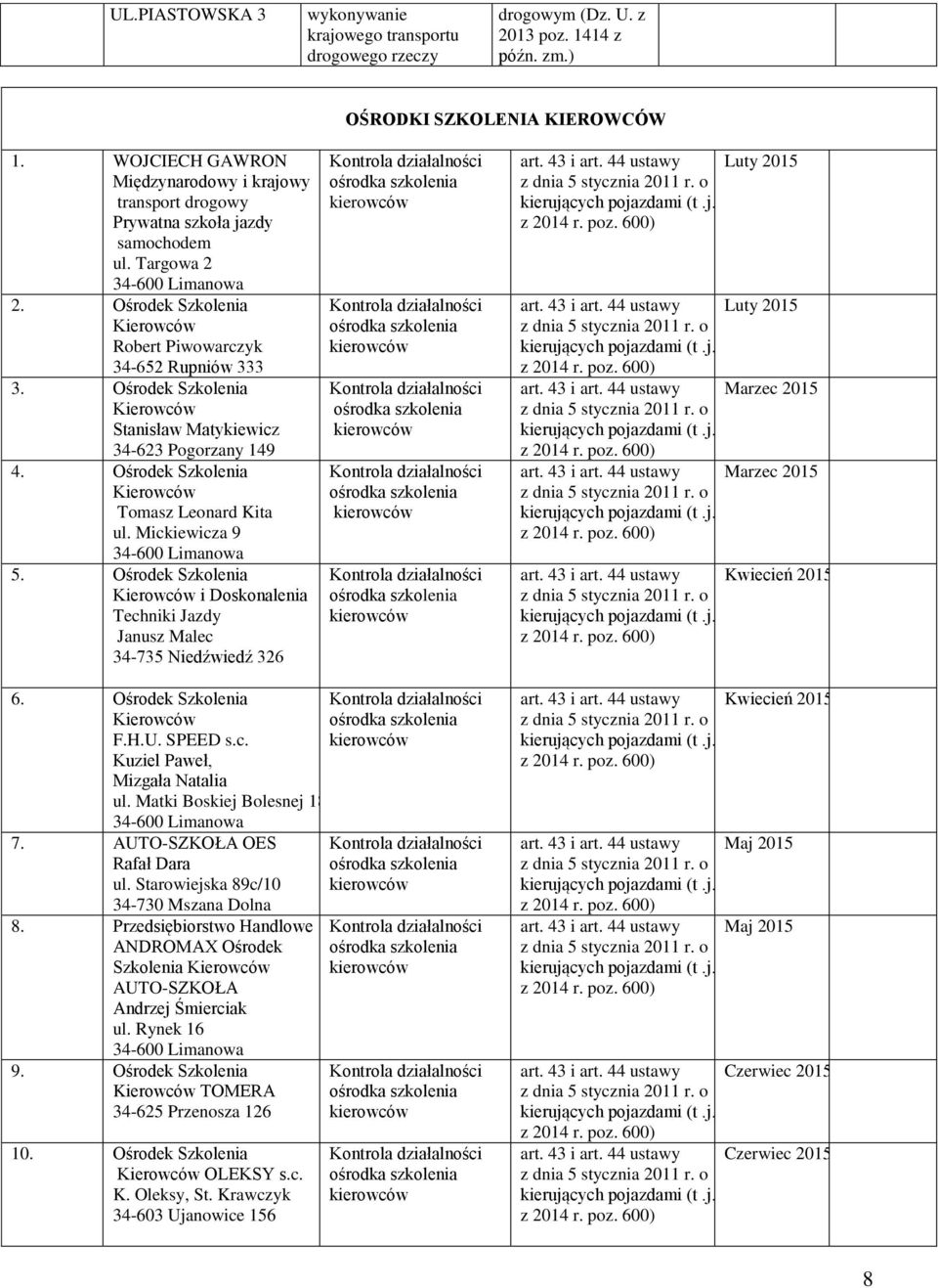 Ośrodek Szkolenia i Doskonalenia Techniki Jazdy Janusz Malec 34-735 Niedźwiedź 326 art. 43 i art. 44 ustawy Luty art. 43 i art. 44 ustawy Luty art. 43 i art. 44 ustawy Marzec art. 43 i art. 44 ustawy Marzec art. 43 i art. 44 ustawy Kwiecień 6.