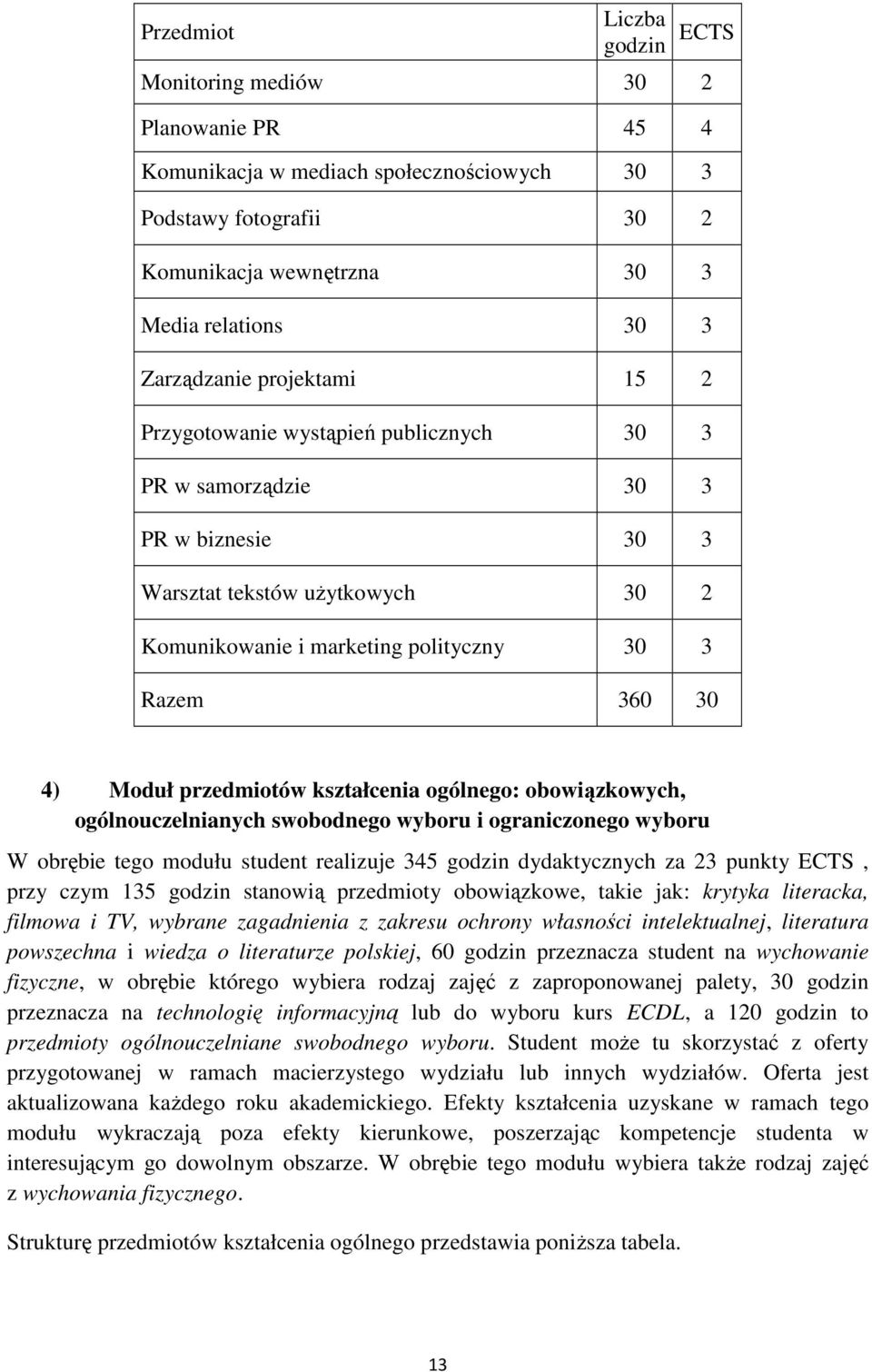 4) Moduł przedmiotów kształcenia ogólnego: obowiązkowych, ogólnouczelnianych swobodnego wyboru i ograniczonego wyboru W obrębie tego modułu student realizuje 345 godzin dydaktycznych za 23 punkty