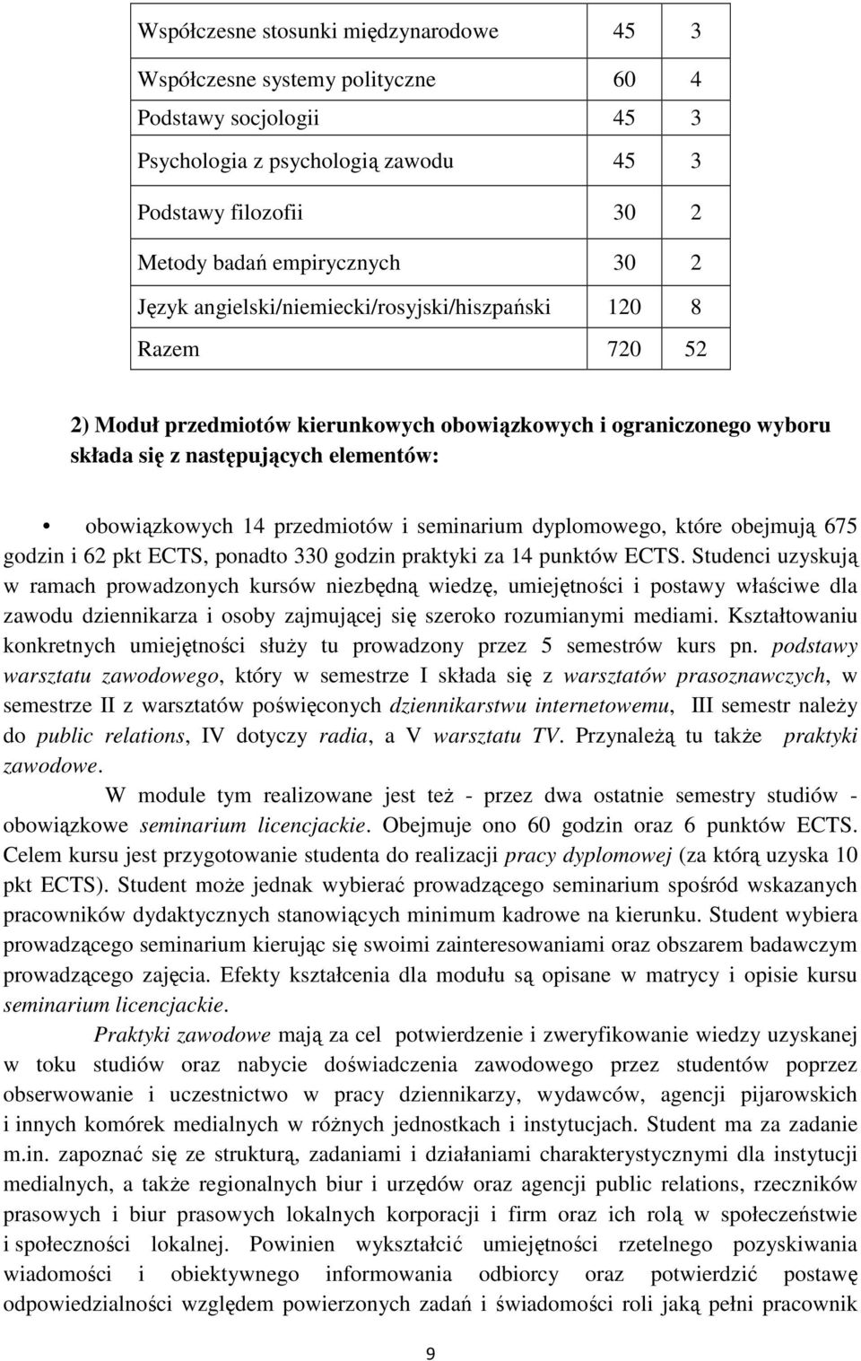 przedmiotów i seminarium dyplomowego, które obejmują 675 godzin i 62 pkt ECTS, ponadto 330 godzin praktyki za 14 punktów ECTS.