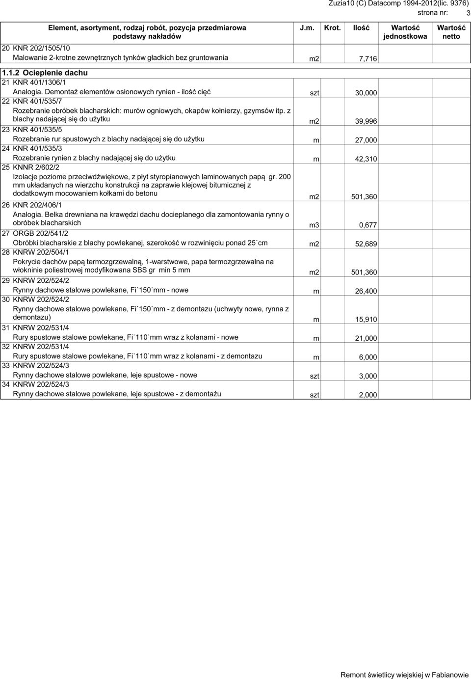 z blachy nadającej się do użytku m2 39,996 23 KNR 401/535/5 Rozebranie rur spustowych z blachy nadającej się do użytku m 27,000 24 KNR 401/535/3 Rozebranie rynien z blachy nadającej się do użytku m