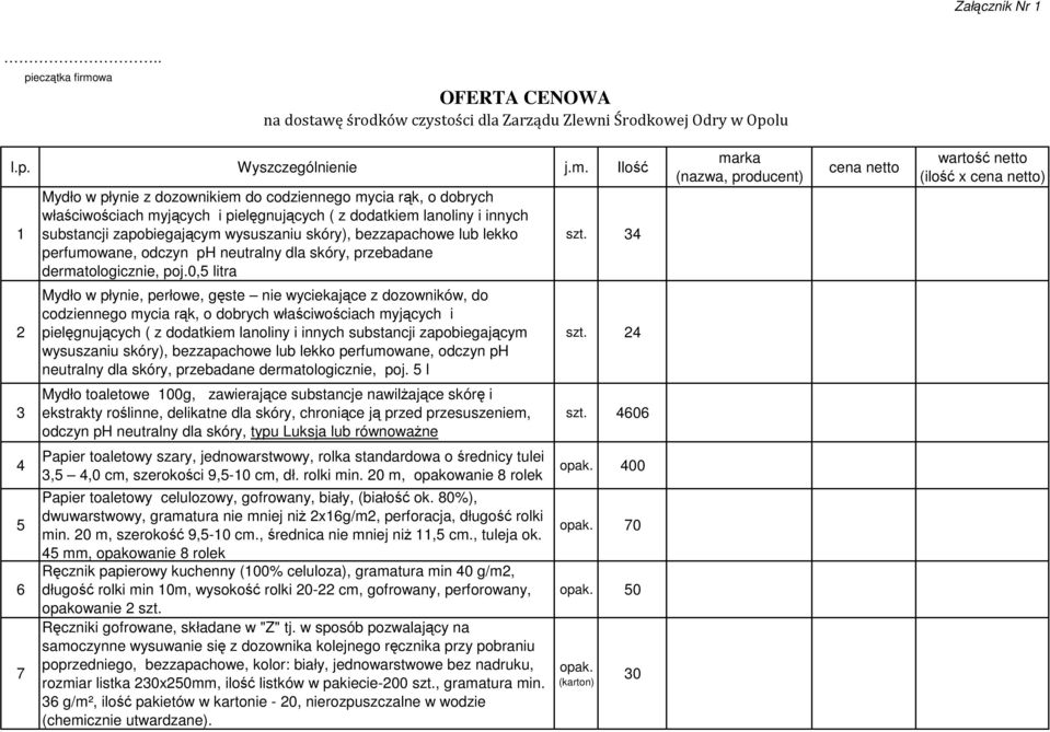 Ilość 1 Mydło w płynie z dozownikiem do codziennego mycia rąk, o dobrych właściwościach myjących i pielęgnujących ( z dodatkiem lanoliny i innych substancji zapobiegającym wysuszaniu skóry),