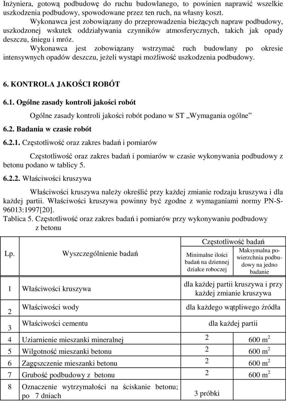 Wykonawca jest zobowiązany wstrzymać ruch budowlany po okresie intensywnych opadów deszczu, jeżeli wystąpi możliwość uszkodzenia podbudowy. 6. KONTROLA JAKOŚCI ROBÓT 6.1.