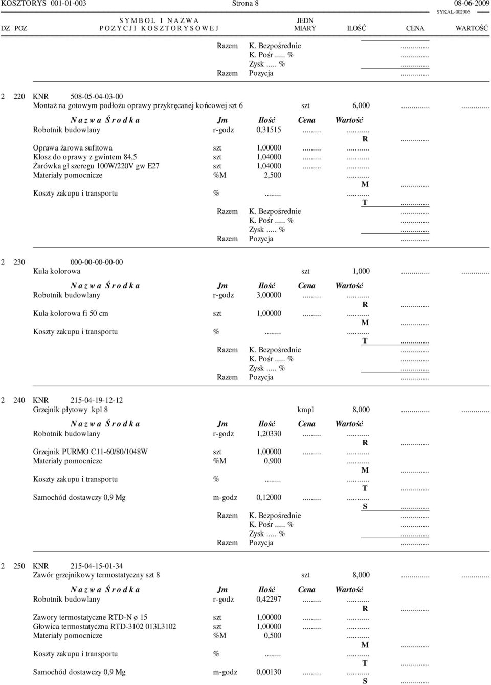 .. 2 230 000-00-00-00-00 Kula kolorowa szt 1,000...... Robotnik budowlany r-godz 3,00000.... Kula kolorowa fi 50 cm szt 1,00000.... 2 240 KNR 215-04-19-12-12 Grzejnik płytowy kpl 8 kmpl 8,000.