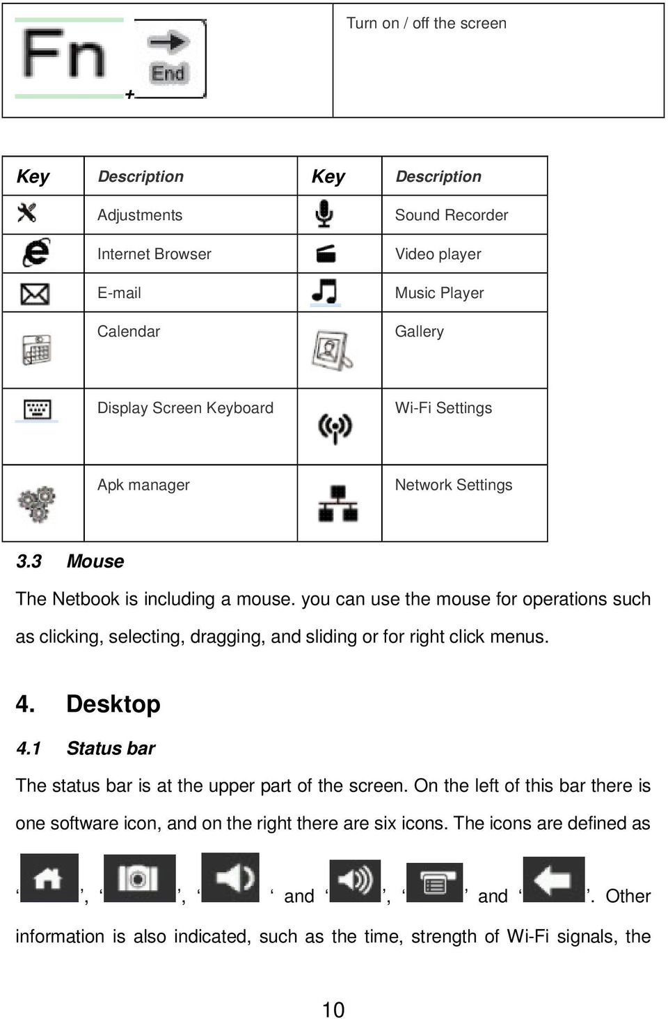 you can use the mouse for operations such as clicking, selecting, dragging, and sliding or for right click menus. 4. Desktop 4.