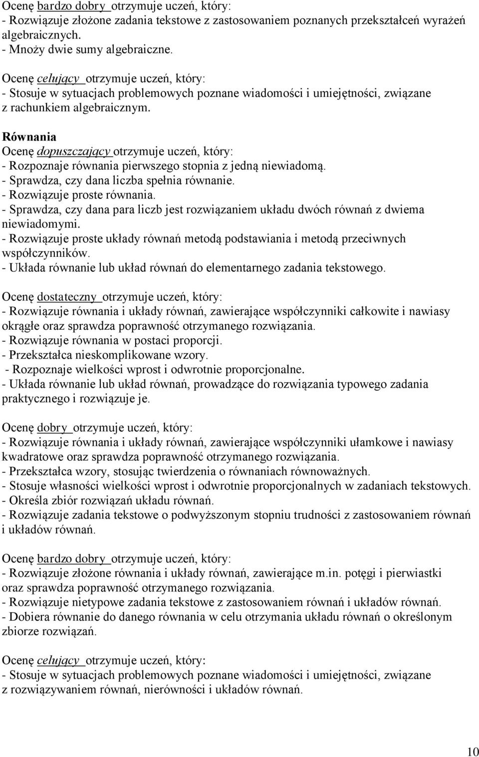 - Sprawdza, czy dana liczba spełnia równanie. - Rozwiązuje proste równania. - Sprawdza, czy dana para liczb jest rozwiązaniem układu dwóch równań z dwiema niewiadomymi.